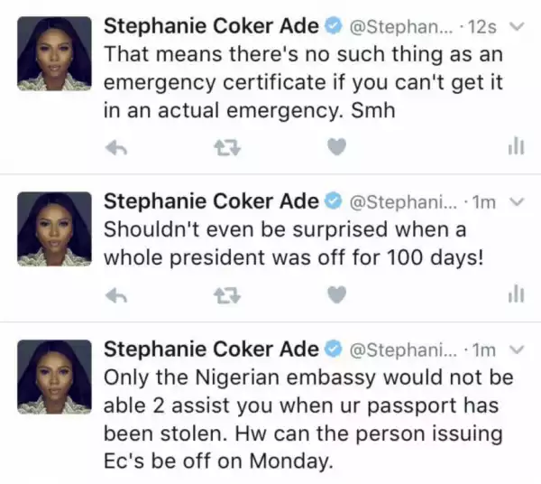 Stephanie Coker shades President Buhari as she complains about the poor services of Nigerian Embassy workers